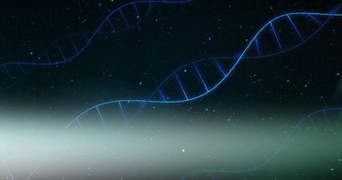 Neon dna helix over cosmic gradient with star particles and futuristic glow for biotech