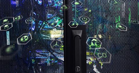 Eco-friendly digital data symbols on computer servers background