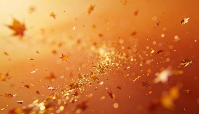 Swirling maple leaves forming glittering golden ribbon in warm autumn sunlight