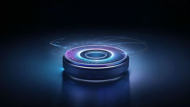 Futuristic holographic disk projecting neon concentric rings and spiral energy trails