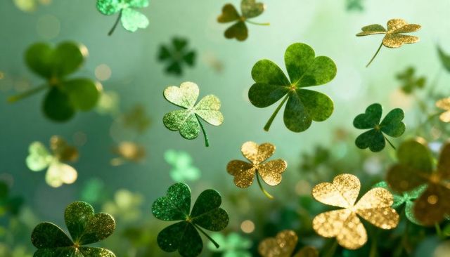 Floating shamrocks sparkling with green and gold glitter, luminous bokeh meadow