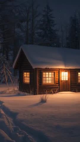 Cabin Door Casting Warm Light in Snowy Forest Night, Snow Falling, Vertical Winter Lodge