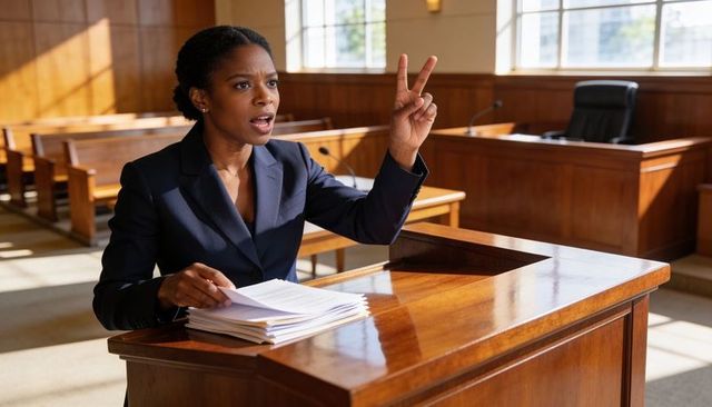 Confident woman attorney making point during courtroom trial holding papers at lectern