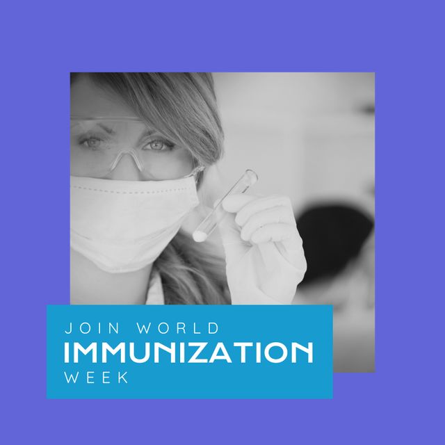 Use this image for promoting awareness campaigns related to World Immunization Week. Ideal for healthcare institutions, social media promotions, and educational materials aiming to highlight the importance of vaccinations and immunization. It features a female doctor in protective gear, emphasizing professionalism and the medical context.