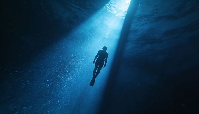 Silhouette freediver floating through deep blue ocean sunbeam with bubbles and light rays
