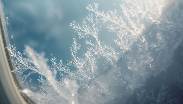 Intricate Frost Patterns on Airplane Window Against Clear Sky