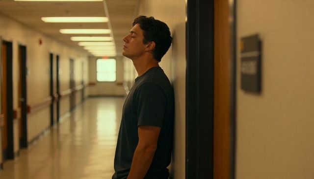 Young man leaning against hallway wall eyes closed, contemplative young adult portrait