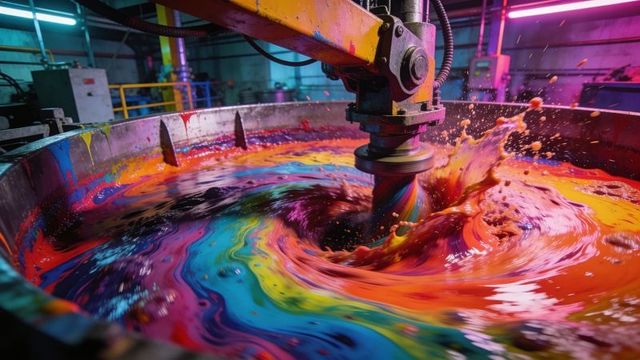 Industrial paint mixer creating vivid swirling vibrant pigments in stainless steel vat
