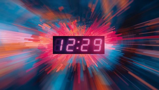 Futuristic LED Clock Display in Digital Burst Background