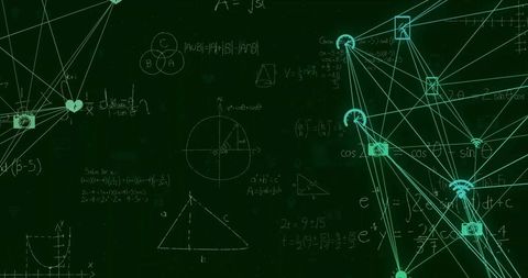 Mathematical Formulas and Network Connections on Green Background