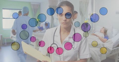 Nurse reviewing patient chart in busy hospital ward with colorful data overlay