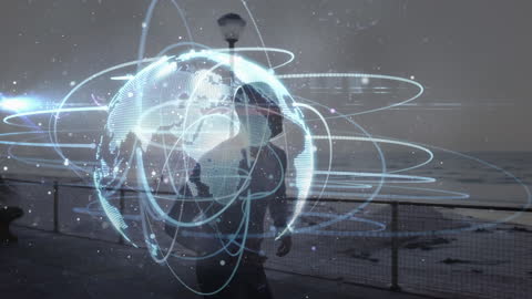 Fit Man Running with Digital World Map Overlay on Promenade