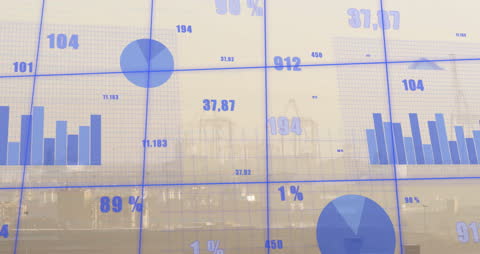 Overlay of statistical data elements like pie charts, bar graphs, and numerical figures on a cityscape. Administration of city operations and business technology concepts expansive landscape implying connectivity and smart city infrastructure are suggested by this. Suitable for presentations, business collateral, and technological articles showcasing analytics and data processing.