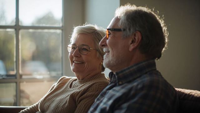 Sunlit senior couple smiling together on couch wearing eyeglasses and cozy sweaters