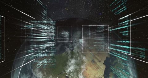 Earth View with Futuristic Digital Code and Interface Panels