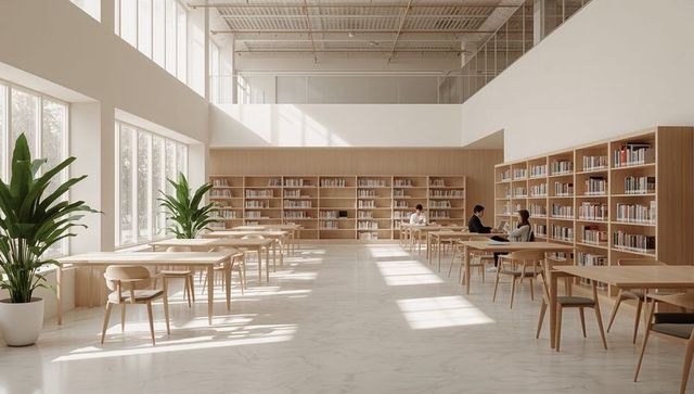 Students studying in bright modern library with natural light and wood furniture