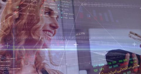 Smiling Woman Engaged in Business Call with Stock Graph Overlays