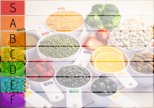 Image depicts various colorful foods rich in vitamins arranged in a tier list chart format. Great for educational content on nutrition, dietary guidelines, healthy eating habits, and meal planning.