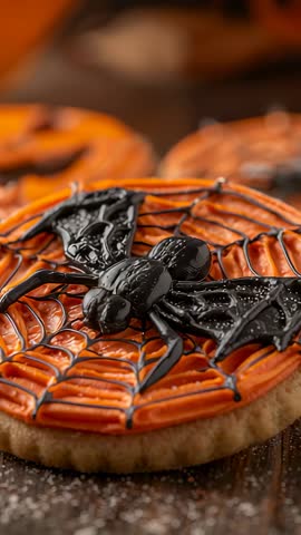 Vertical Video Showing Halloween Sugar Cookie Featuring Black Icing Spider on Orange Web