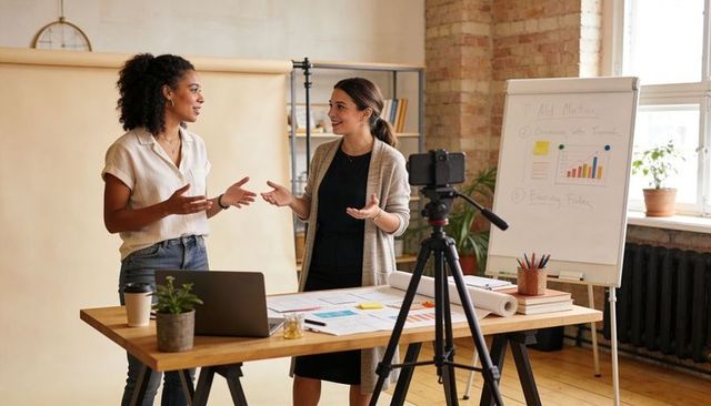 Preparing pitch in loft workspace: colleagues collaborating on presentation recording