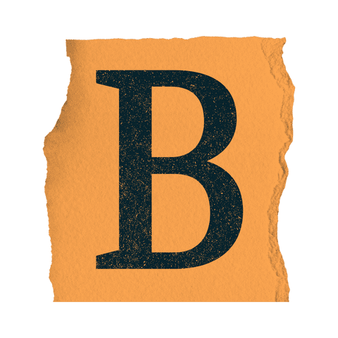 Distressed black letter b on torn orange paper transparent background