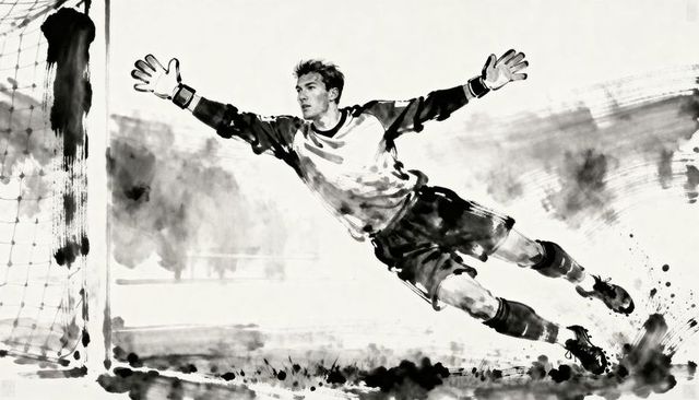 Diving goalkeeper making spectacular save in monochrome inkwash soccer illustration