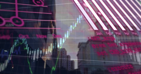 Futuristic Cityscape with Digital Data Overlay and Rising Graphs