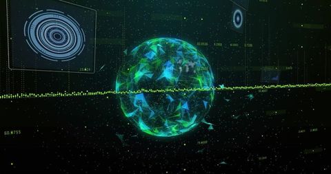 Futuristic digital sphere with mesh particles and data interface