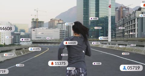 Woman Jogging City Streets Surrounded by Digital Notifications