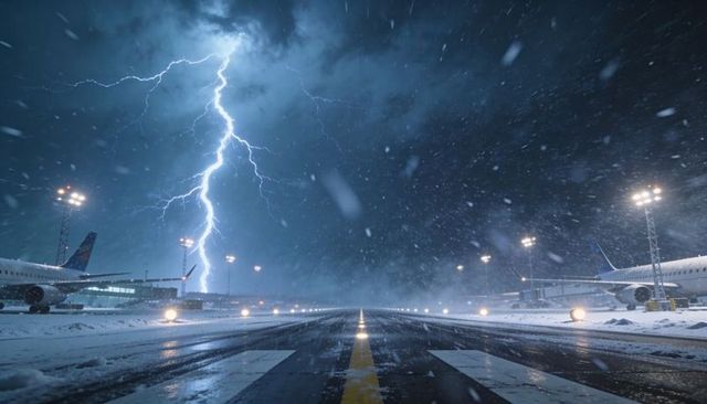 Lightning striking snowy airport runway at night during severe storm and snowfall