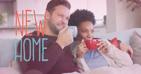 This scene depicts a joyful couple embraced on a sofa, savoring coffee. Ideal for illustrating new beginnings, couple blogs, lifestyle articles, home decor catalogs, or real estate advertisements promoting happy home life and comfort.