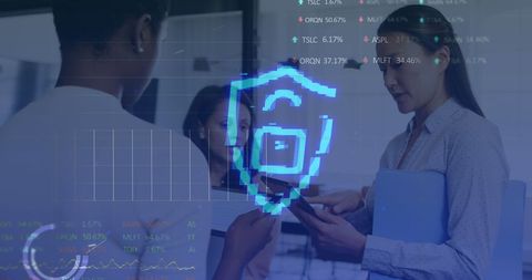 Digital Padlock with Business Team Analyzing Data in Office