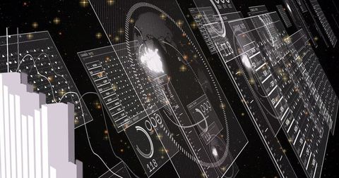 Futuristic holographic data dashboard floating in cosmic grid with circular gauges