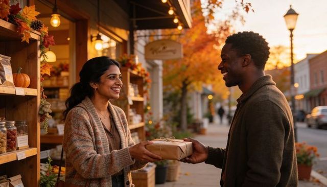 Couple exchanging wrapped gift on autumn main street outside cozy storefront at sunset