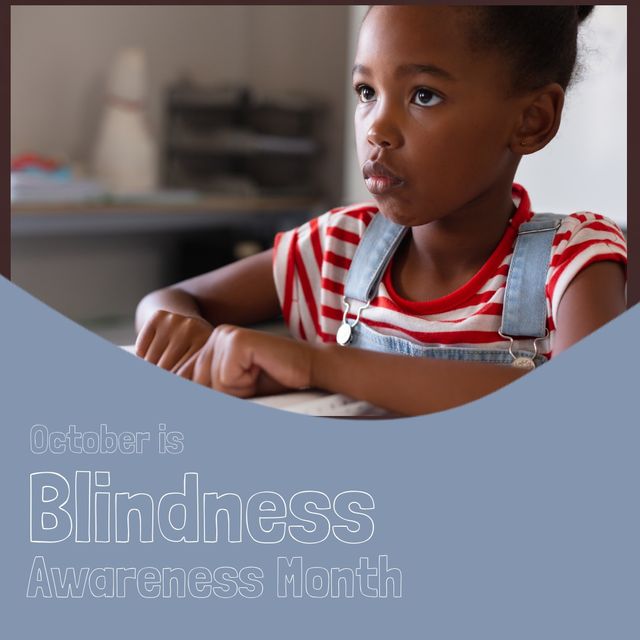 African american girl studying on braille in school. Digital composite, eyesight, blindness, problems, reading, disability, assistive technology, childhood, study, support and awareness month.