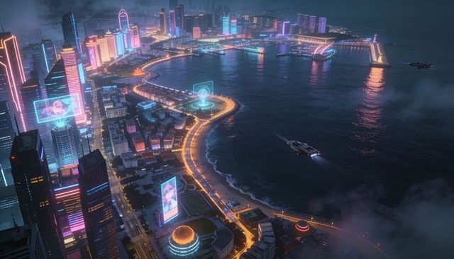 Neon coastal cyberpunk skyline featuring curving lit waterfront road, holograms, hovercraft