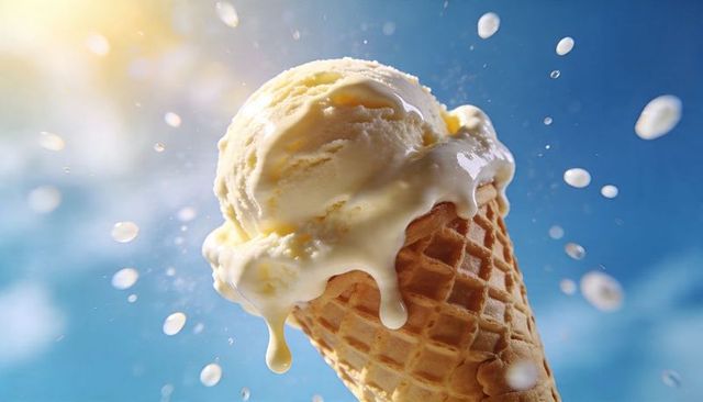 Melting vanilla ice cream dripping from waffle cone with sun flare and splashing drops