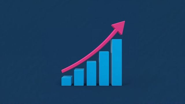 Rising bar graph with upward arrow on blue background