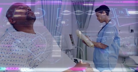 Conscious Patient with Digital Medical Interface and Nurse in Tech Healthcare