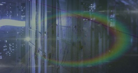 Colorful light trails over modern server room