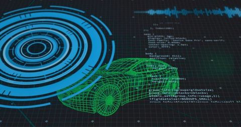 Futuristic HUD showing 3D wireframe car with telemetry, waveform and grid overlay
