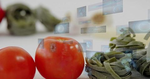 Fresh tomatoes and spinach tagliatelle with futuristic holographic food-tech ui