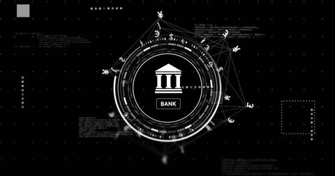 Futuristic Central Bank HUD Interface with Currency Network and Digital Banking Analytics