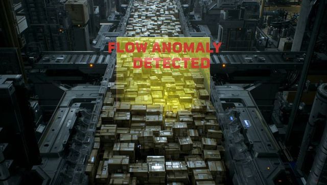 Conveyor detecting flow anomaly causing parcel backlog with yellow alert overlay