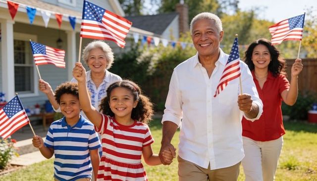 Multigenerational family waving american flags celebrating patriotic backyard gathering