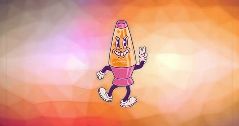Retro lava lamp cartoon mascot giving peace sign on vibrant geometric gradient background