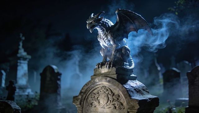 Moonlit gothic gargoyle dragon guardian perched on ornate headstone in foggy cemetery