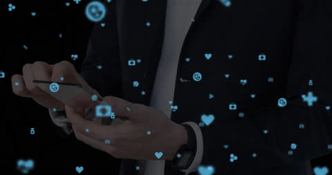 Man Using Smartphone with Digital Social Media Network Overlay