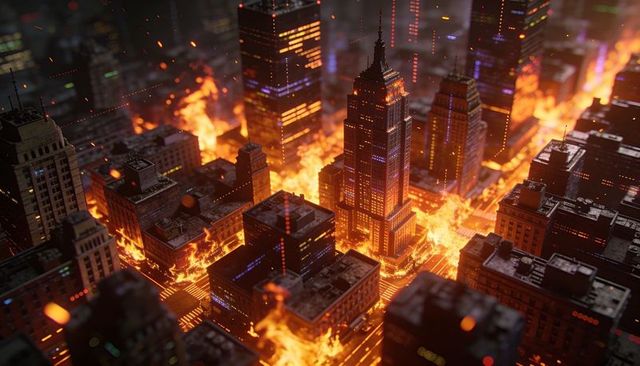 Downtown skyscraper burning with raging flames and smoke in nocturnal urban inferno