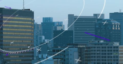 Digital Scope Overlay on Urban Cityscape at Dusk